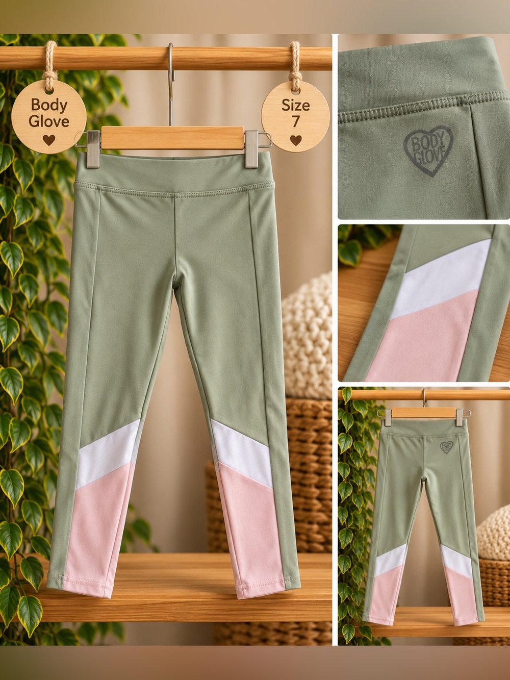 Body Glove Girls Sage Green Colorblock Leggings Size 7 💚🩷